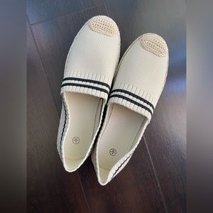 ivory and black flat espadrilles; new in box